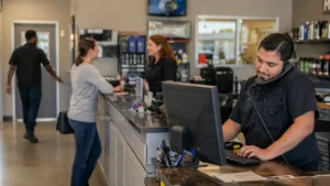 Service desk at a busy specialty vehicle dealership where a service advisor is calling a customer while using BiT Dealership Software and another service advisor helps a customer.