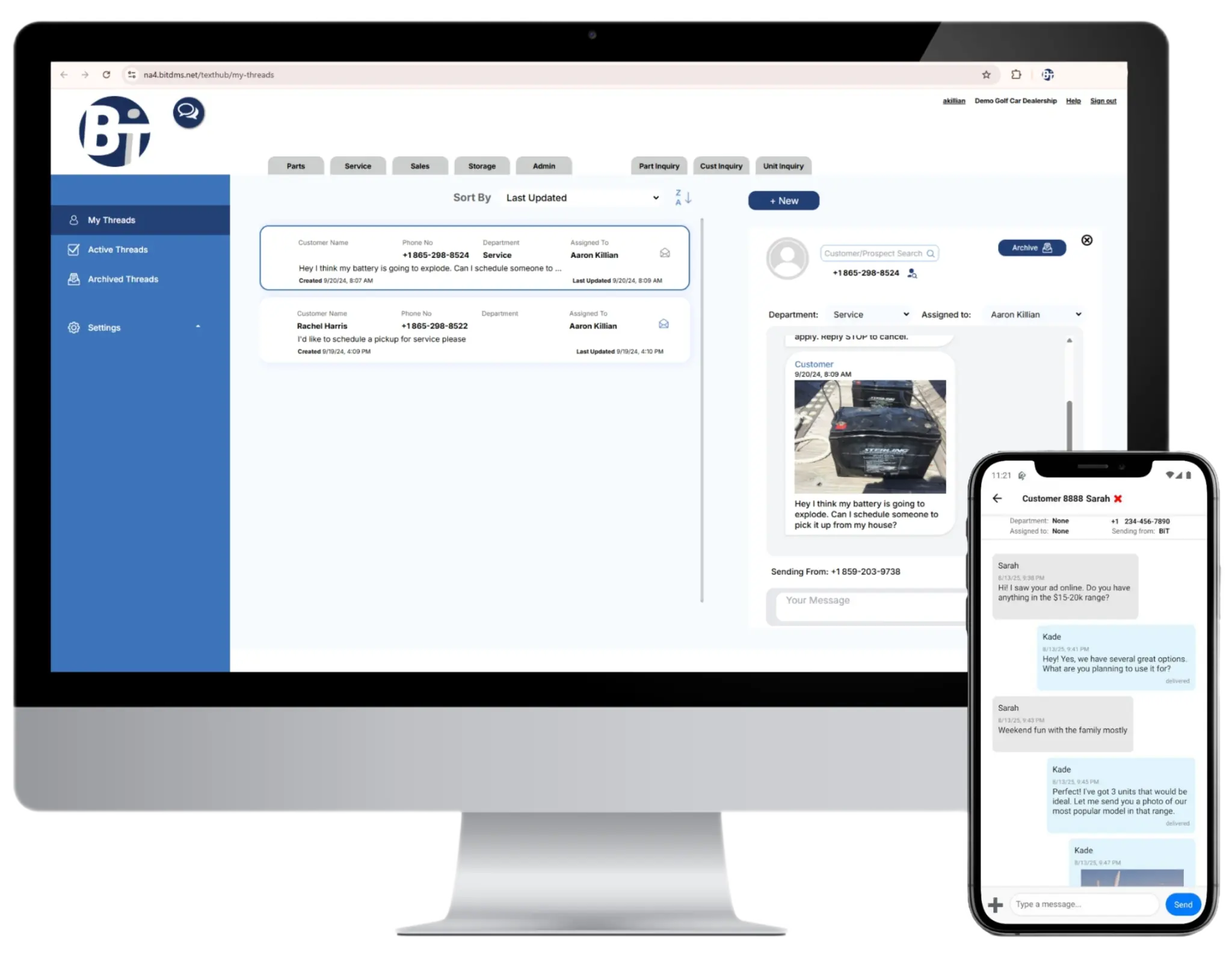 BiT Powersports DMS embedded text messaging software with desktop and mobile app for managing customer conversations, service requests, sales inquiries, and photos from one dealership communication platform.